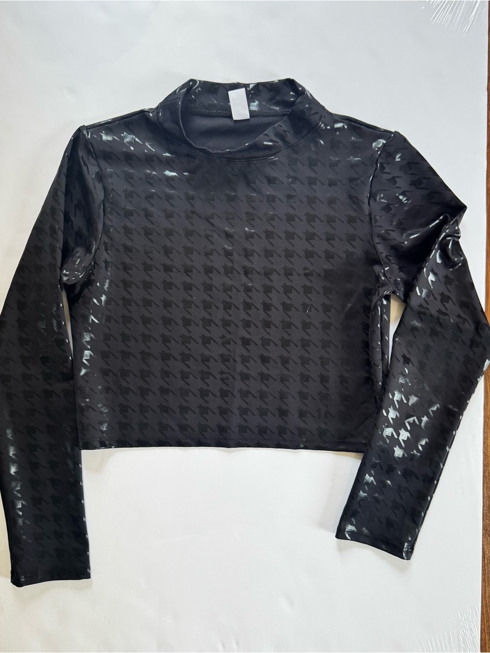 Noli Black Sheer Houndstooth Long Sleeve Crop Top - Picture 2 of 5